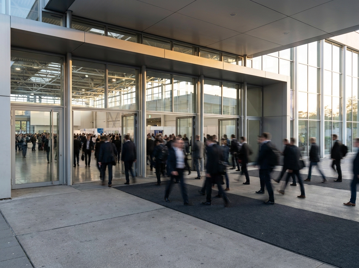 Attendees entering a conference hall after a quick mobile ticket scanning process.