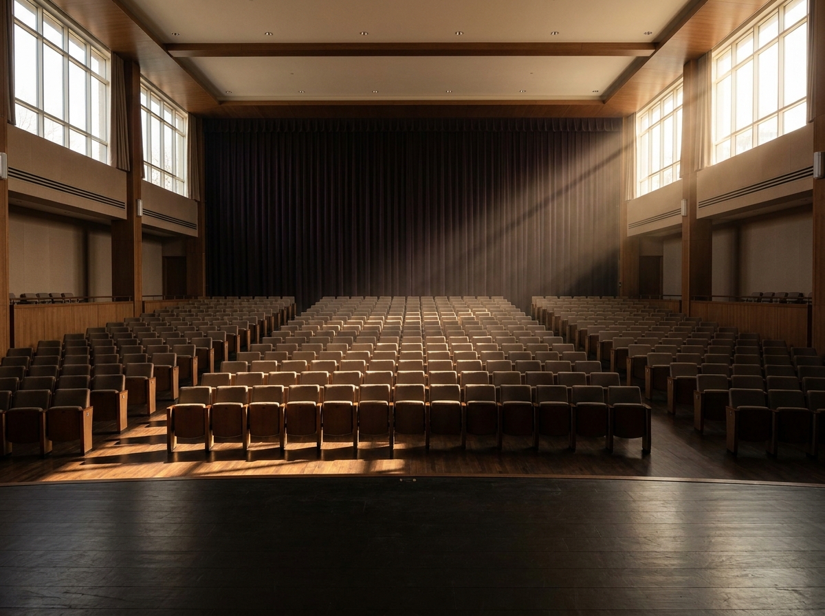 An empty auditorium prepared for an event, showcasing event management and planning.