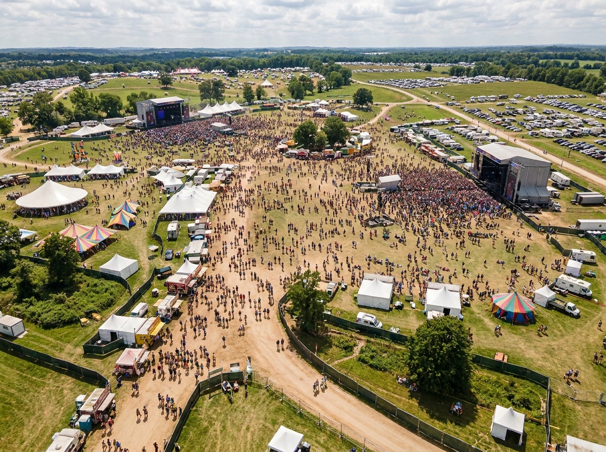 An aerial view of a multi-day festival, showing the scale of events managed on Eventbrite.