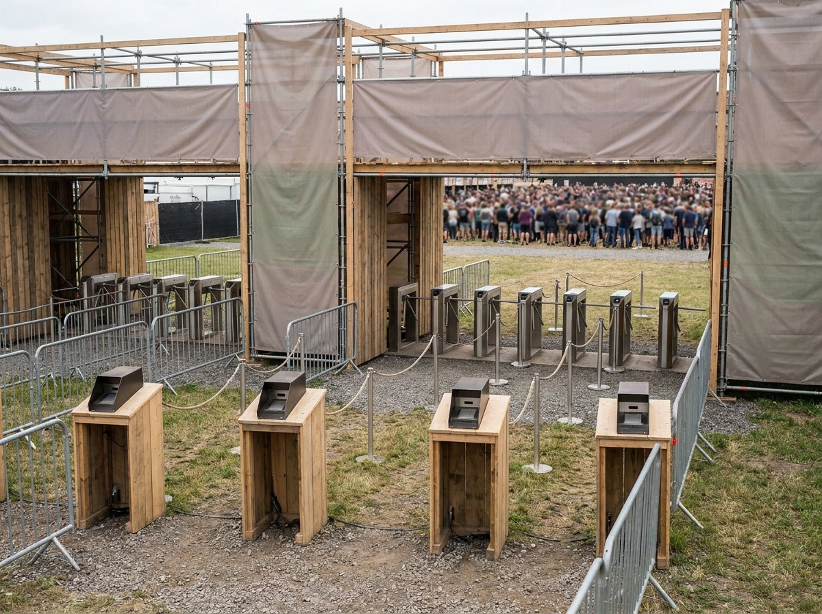 Entrance gates at a festival, prepared for selling multi-day event tickets and managing check-ins.