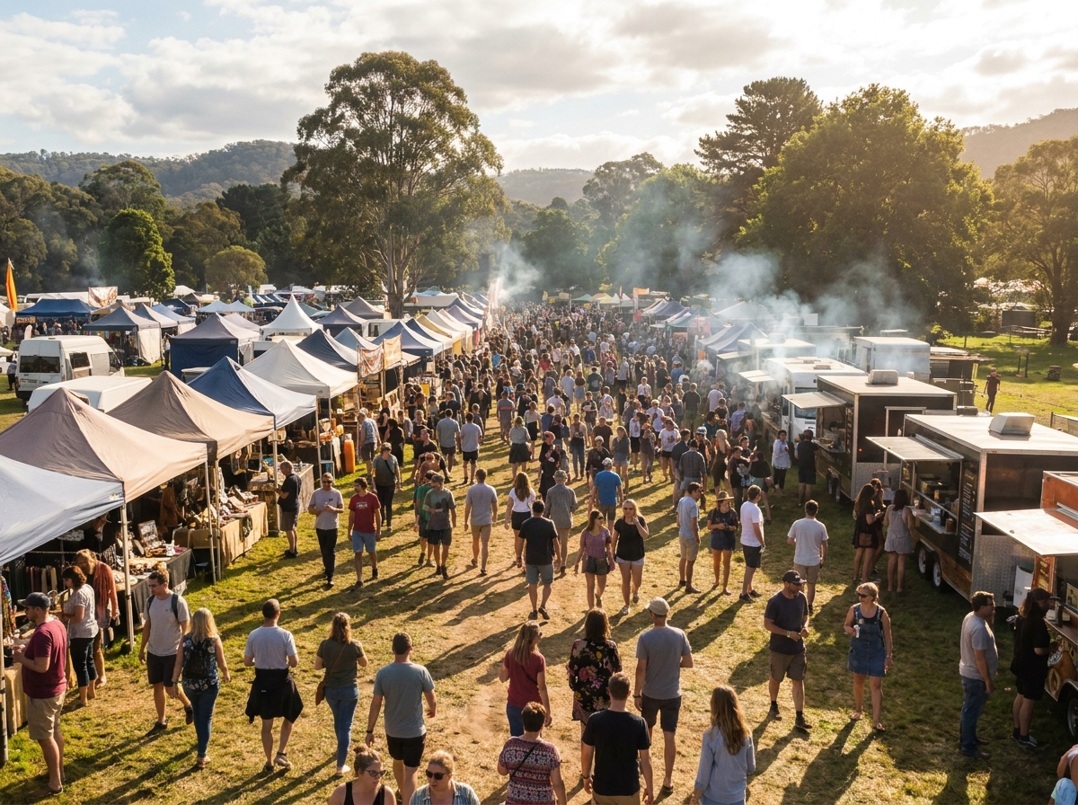 Vendor area at a large multi-day festival, highlighting the commerce aspect of events on Eventbrite.