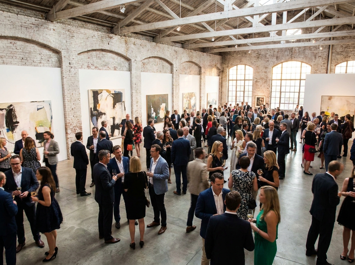 Visitors enjoying an evening event at a modern art gallery.