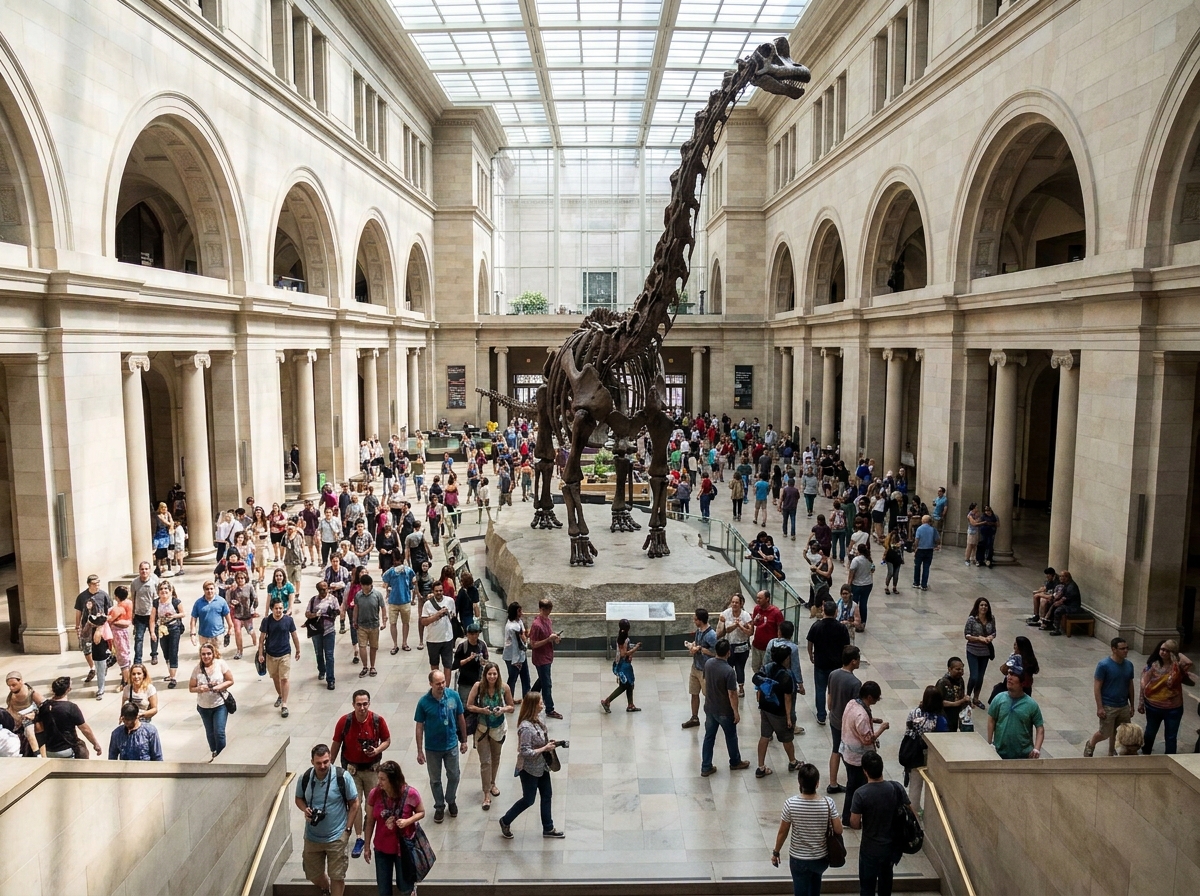 The impressive entrance hall of a natural history museum with a dinosaur exhibit.