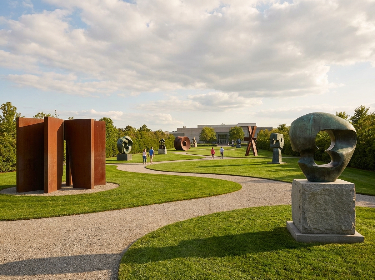 A peaceful outdoor sculpture garden at a museum.