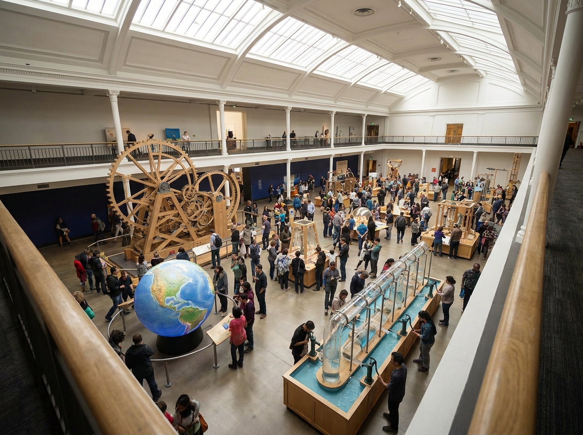 A wide view of a science museum exhibit hall with visitors interacting with displays.