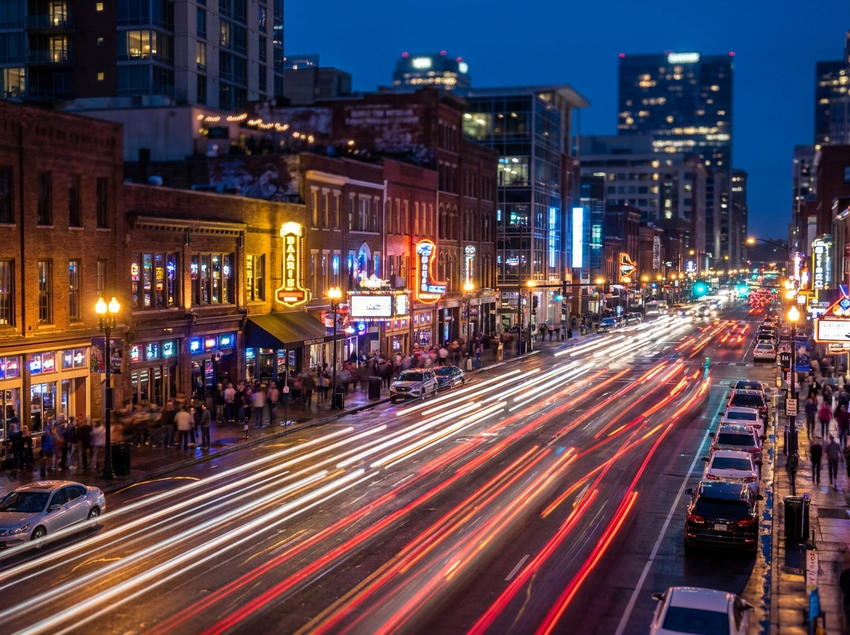 A bustling city street at night, symbolizing the vibrant nightlife scene.