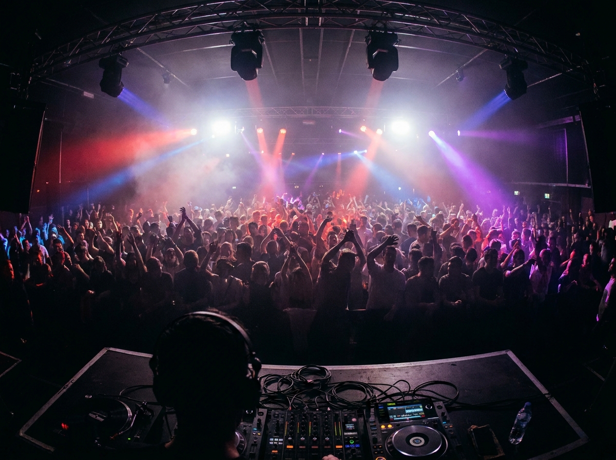View from the DJ booth of a crowd dancing under vibrant lights at a nightlife event.