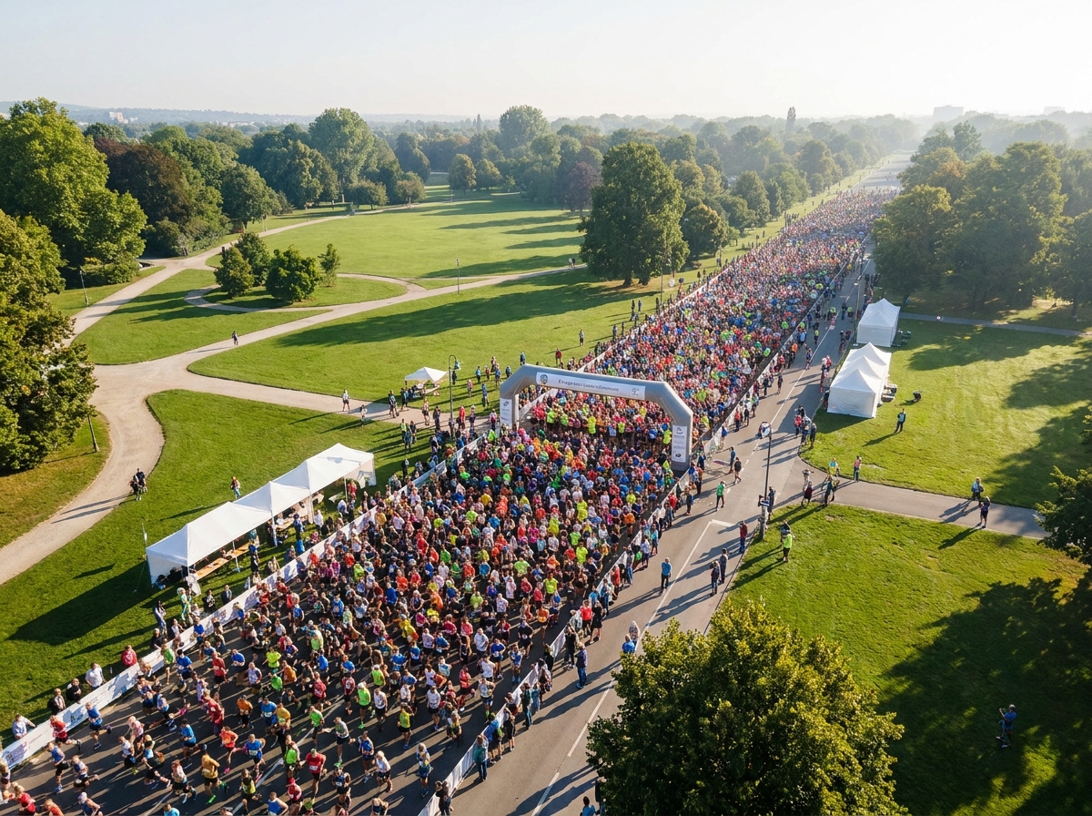 Large crowd of participants at the starting line of a charity fun run.