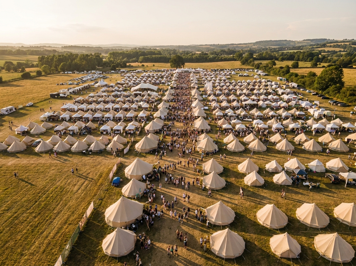 Aerial view of a sunny outdoor food festival, demonstrating how to reach a large audience for park event ticketing.