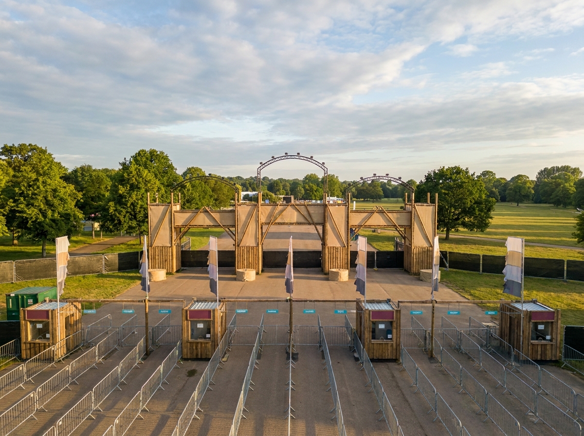 A well-organized entrance gate at a park event, ready for attendee check-in using a simple ticketing system.