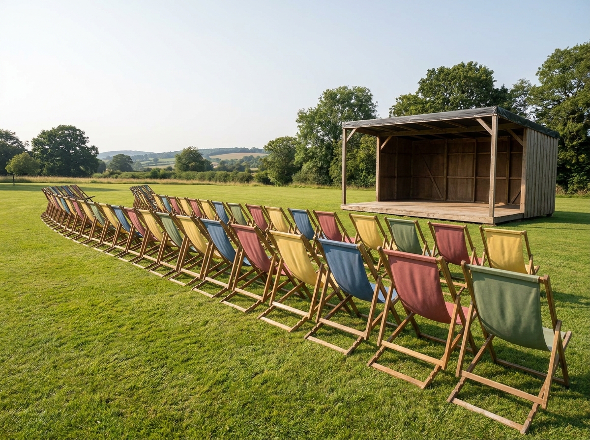 Empty chairs set up for an outdoor performance, illustrating flexible ticketing options for field events.