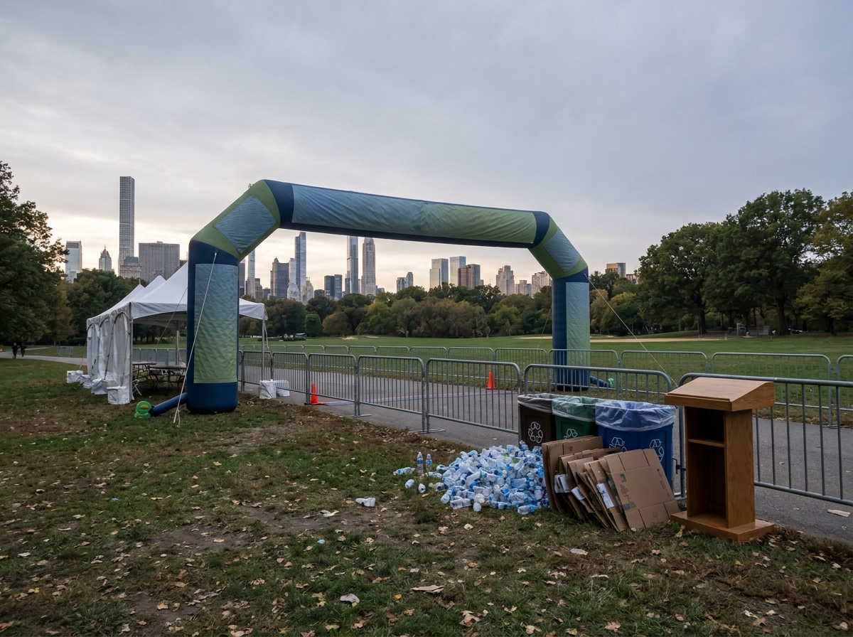 The empty finish line of a charity run in a park, an example of a successful outdoor event managed with Eventbrite.
