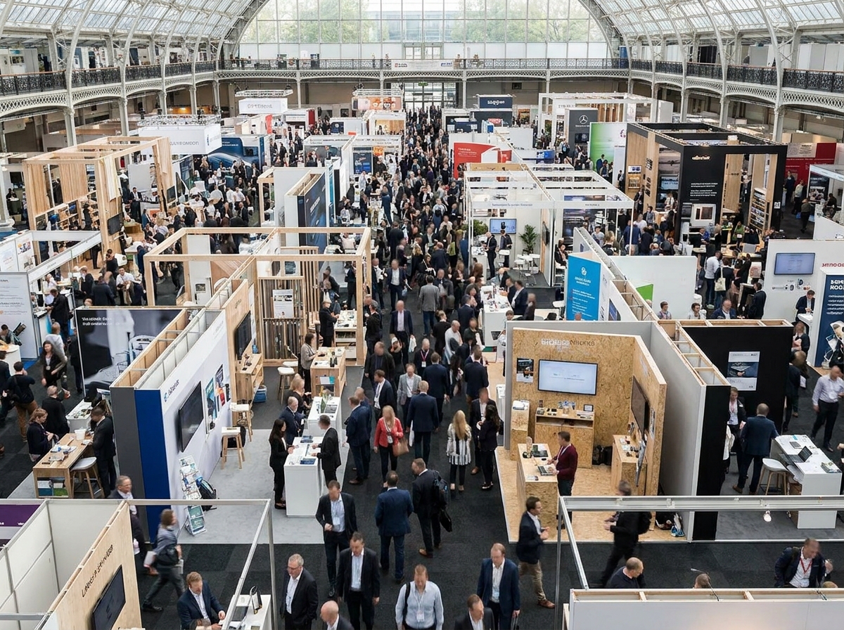 A busy trade show floor, demonstrating the reach of Eventbrite for professional events.