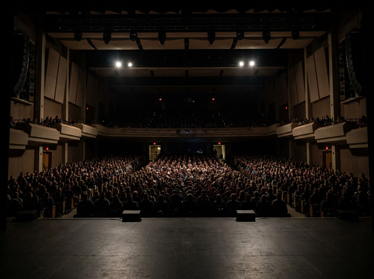 A sold-out audience seen from the stage of a performing arts venue.