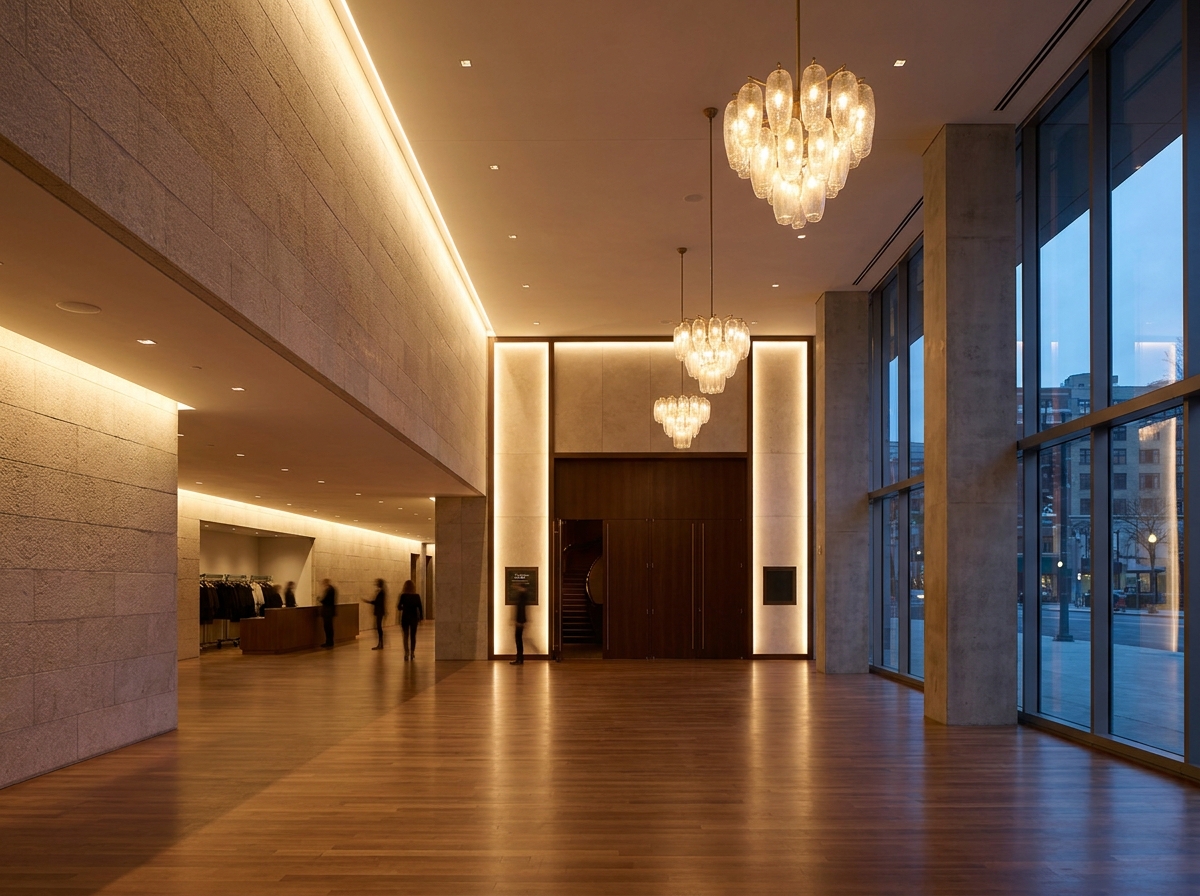 The modern and empty lobby of a performing arts center before patrons arrive.
