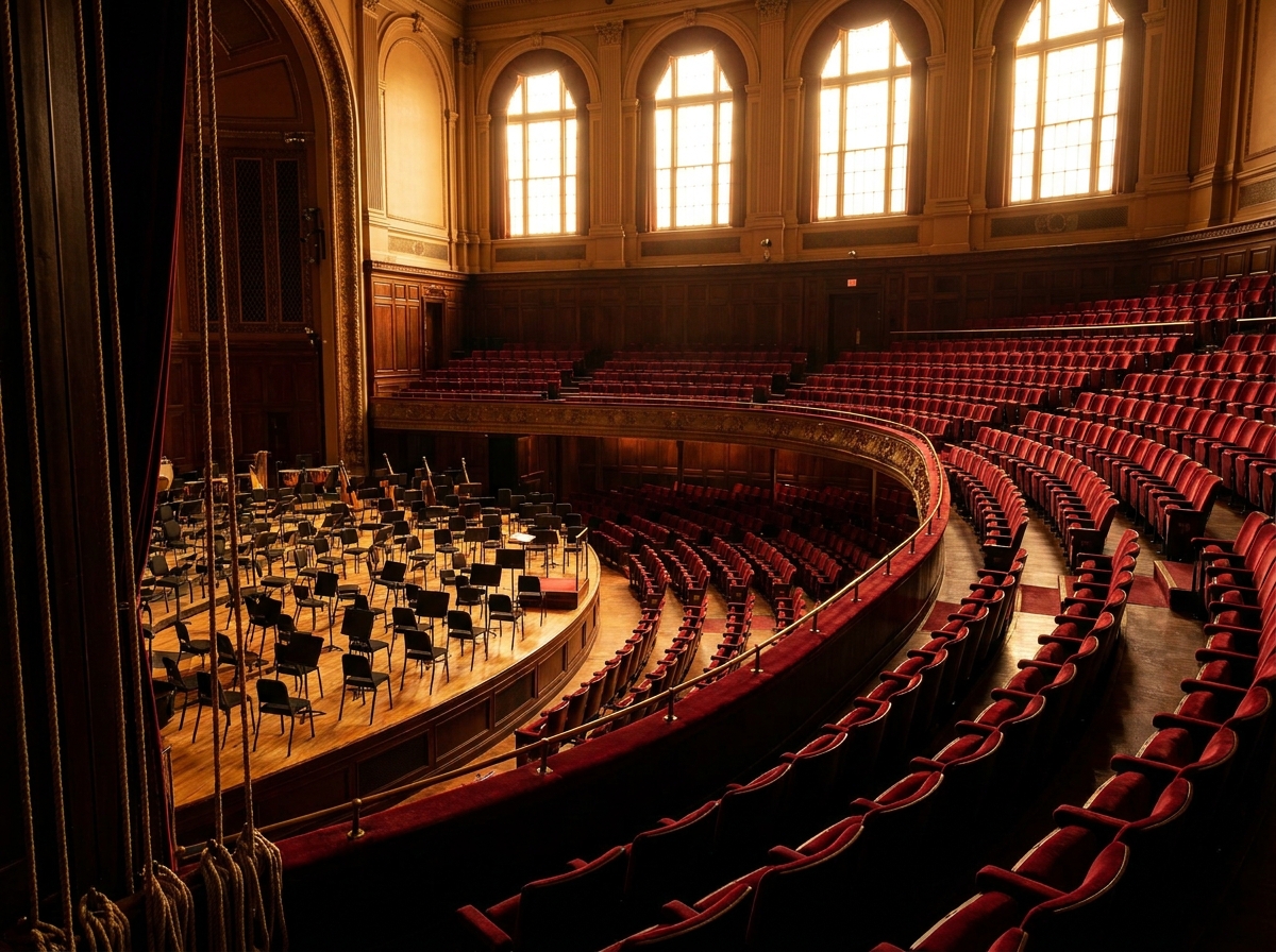 An empty concert hall with orchestra seating arranged on the stage.