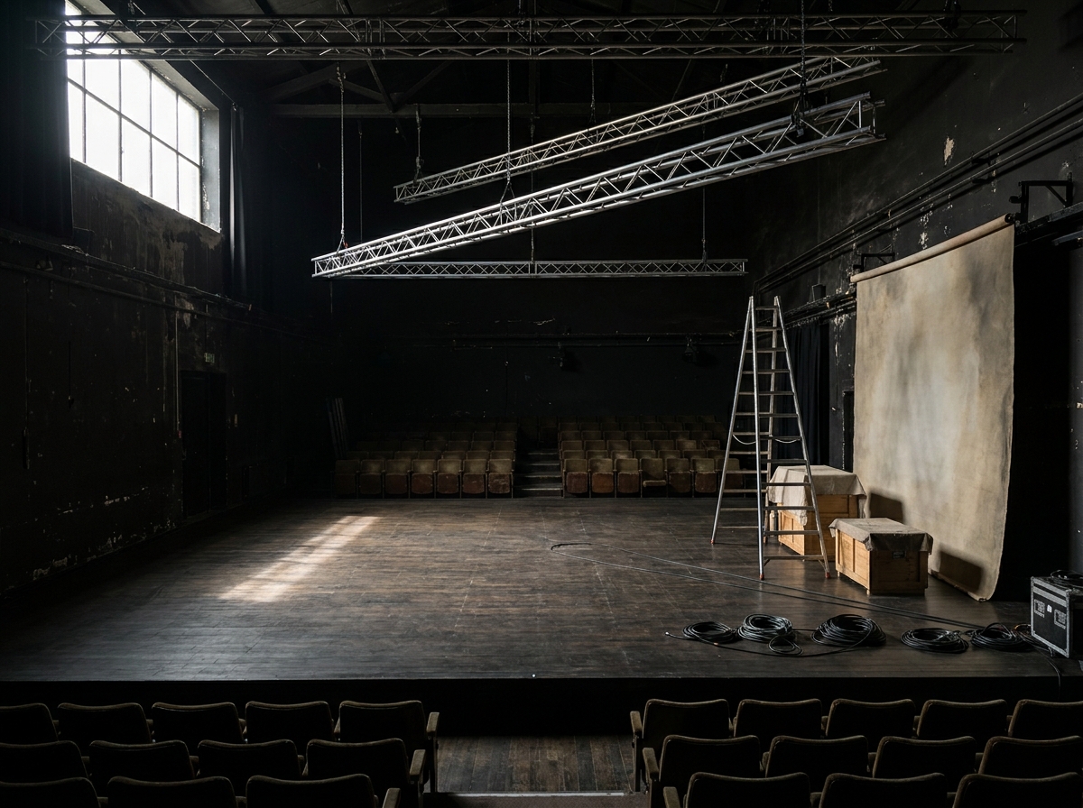A black box theater during set-up, with stage lights illuminating the empty space.
