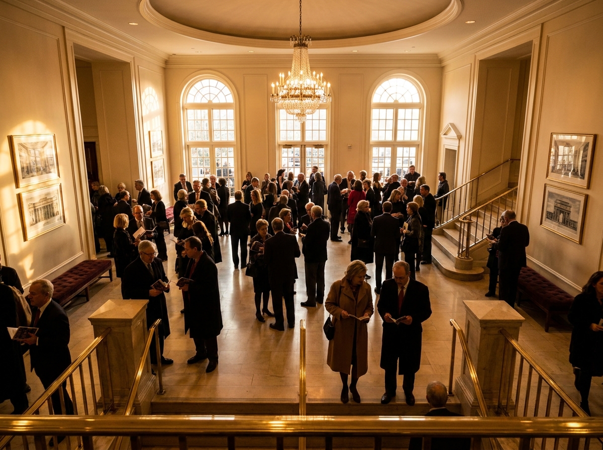 A bustling crowd mingling in an elegant theatre lobby during a show's intermission.