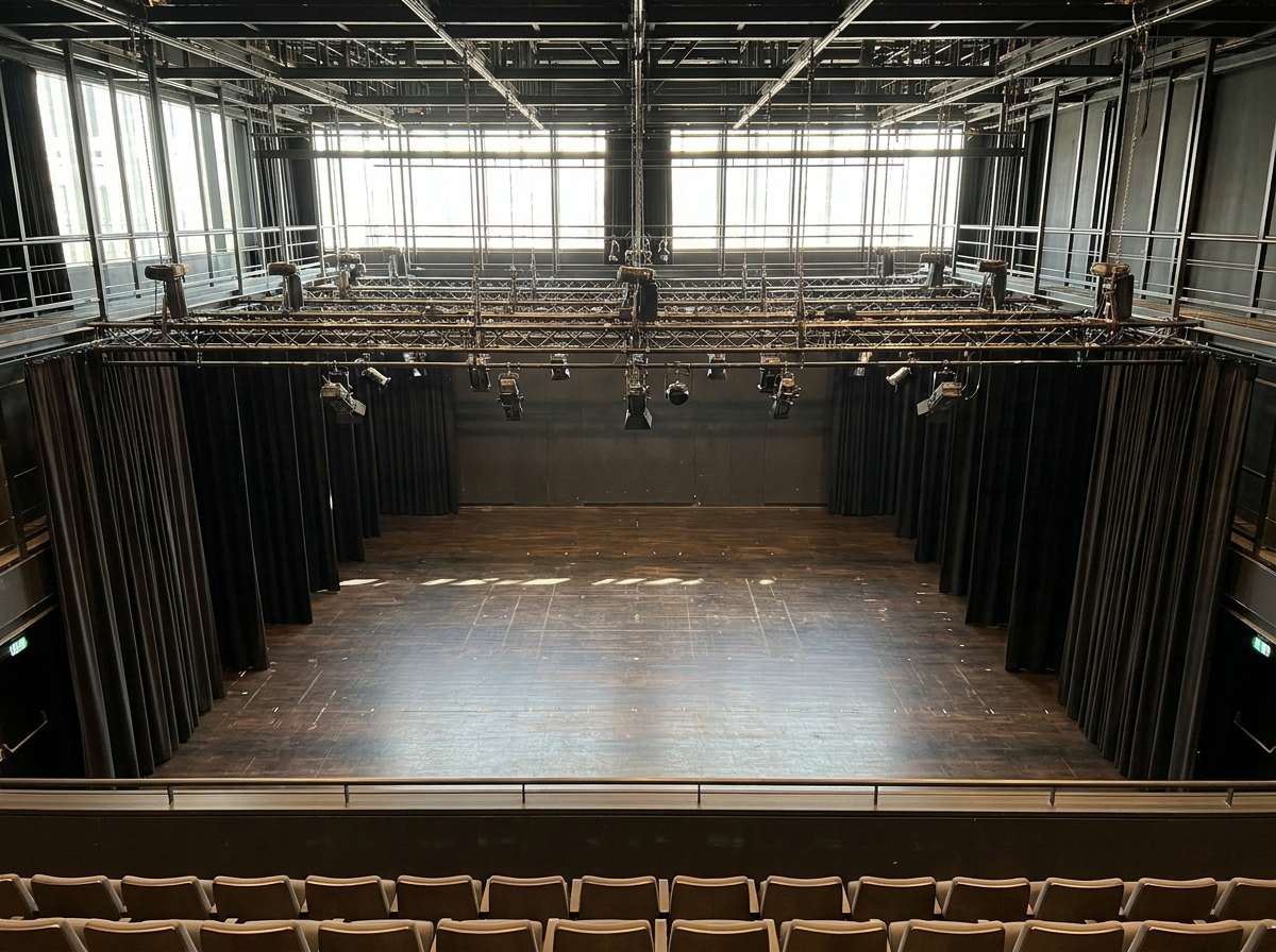 An empty, modern theatre stage viewed from above, showing the lighting and wings.