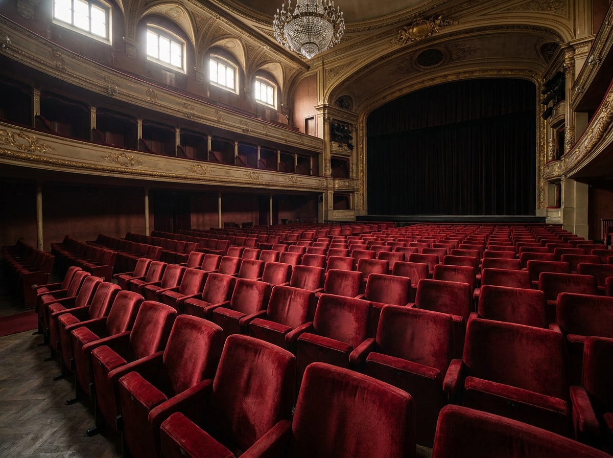 Empty rows of red velvet seats in a classic, dimly lit performing arts theatre.