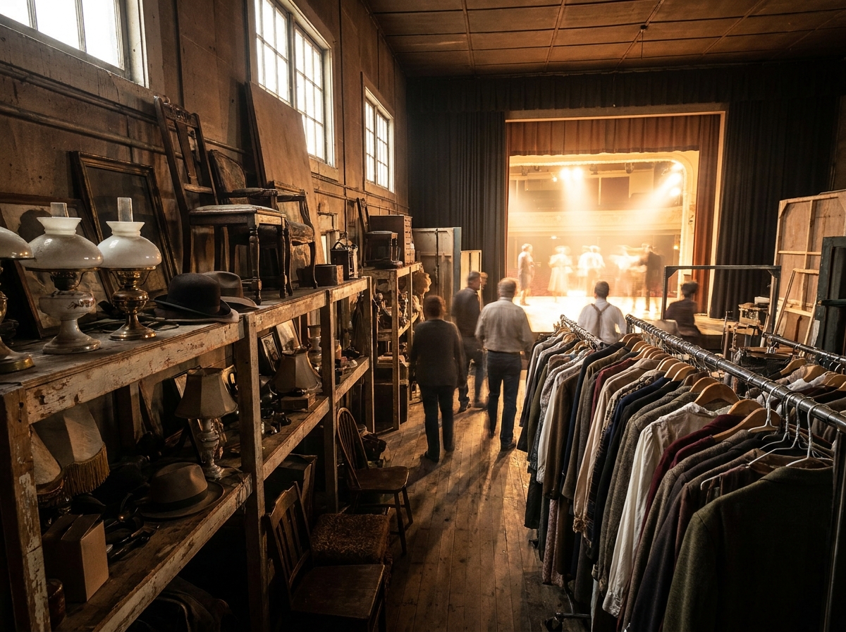 A view from backstage at a theatre, with costume racks and props in the foreground.