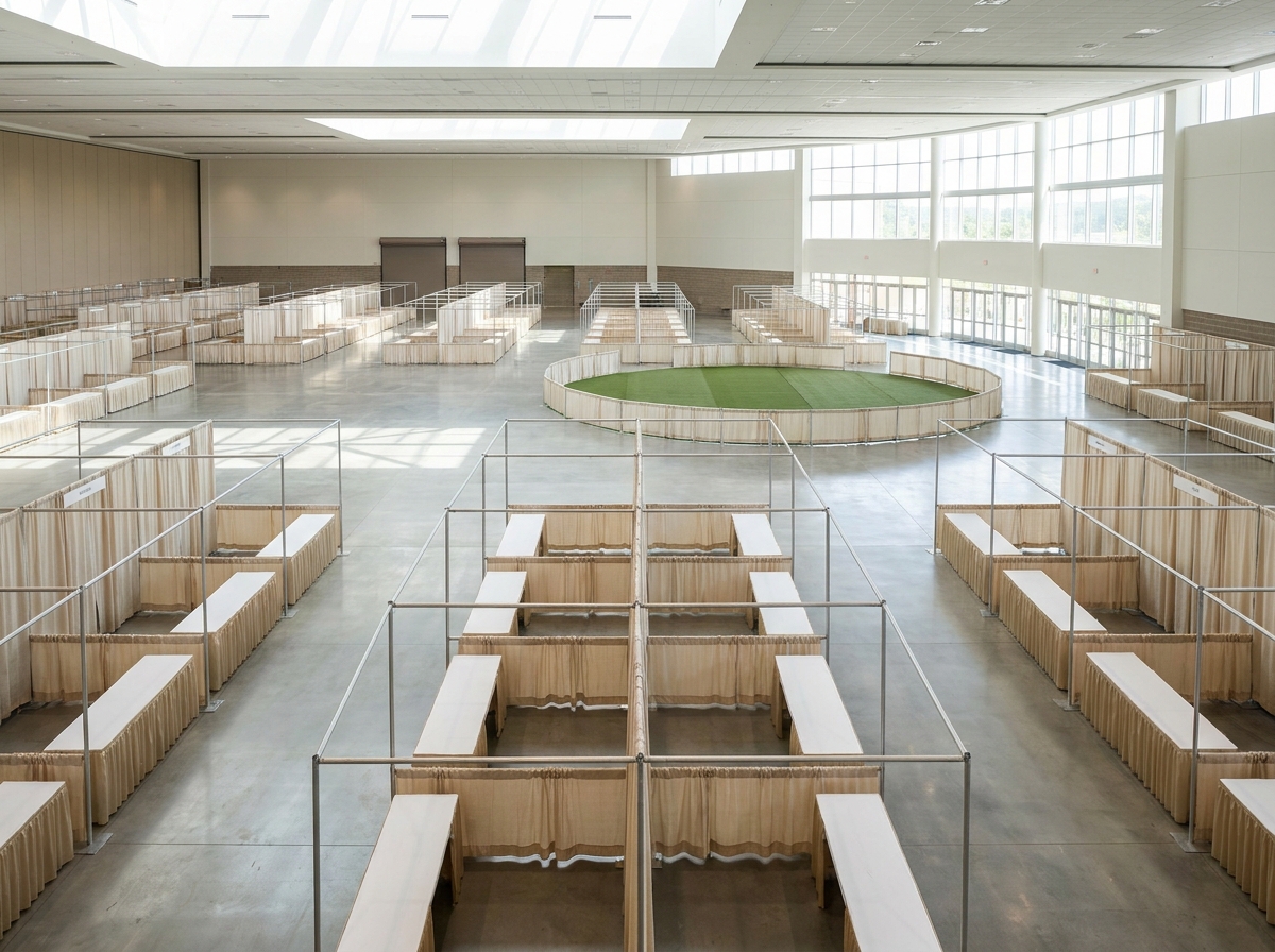 An empty pet expo hall with booths and a demonstration area prepared for an event.