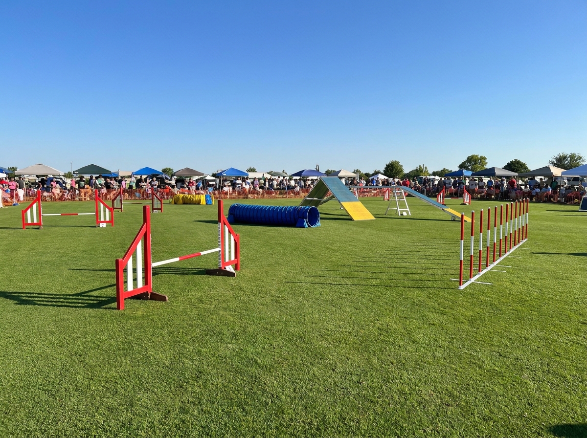 An empty dog agility course set up for a pet event competition.