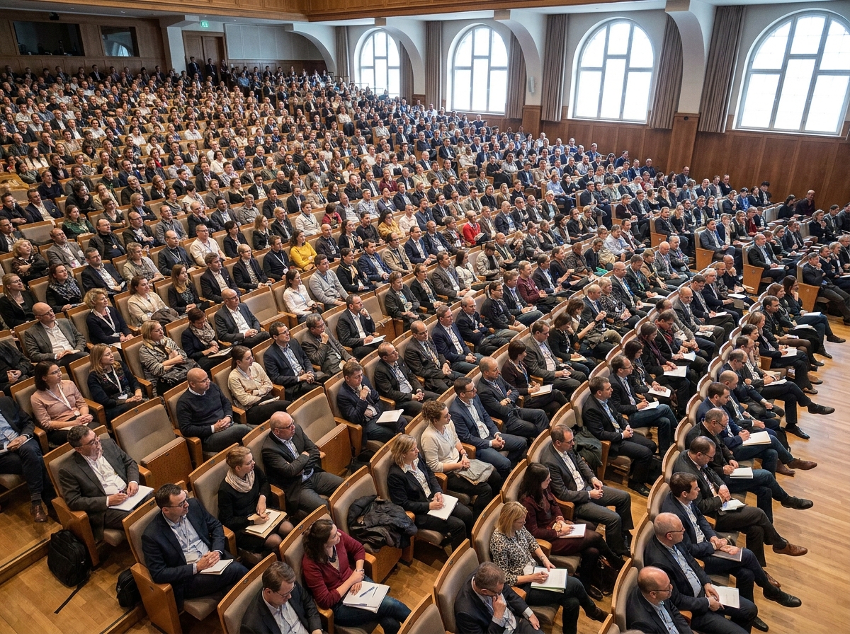 A large audience at a conference, showing the results of successful event promotion with discount codes.