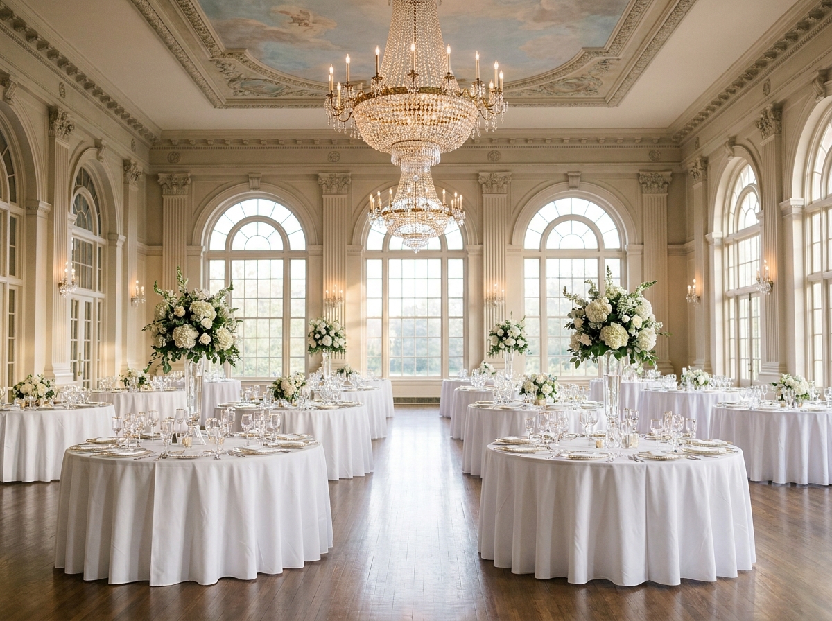 An empty ballroom set up for a VIP gala, an event that might use custom ticket promo codes.