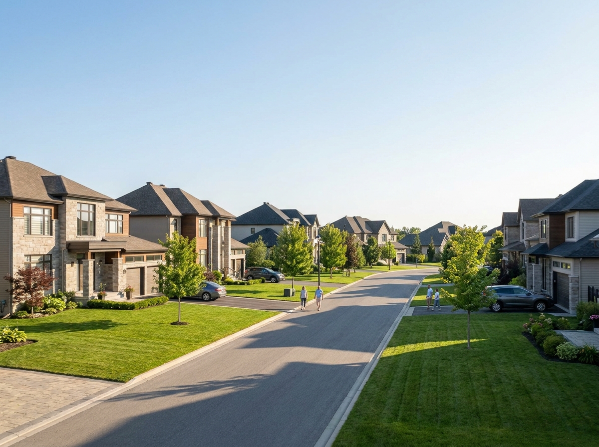 A street in an upscale residential neighborhood, the setting for real estate events and open houses.