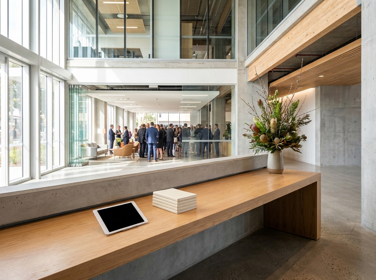 A registration area set up for a professional real estate event.