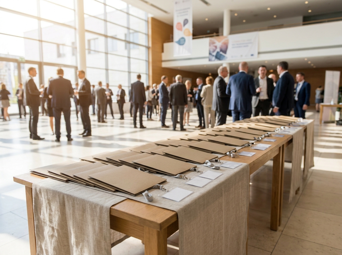 Welcome materials and name tags arranged on a table for a real estate conference.