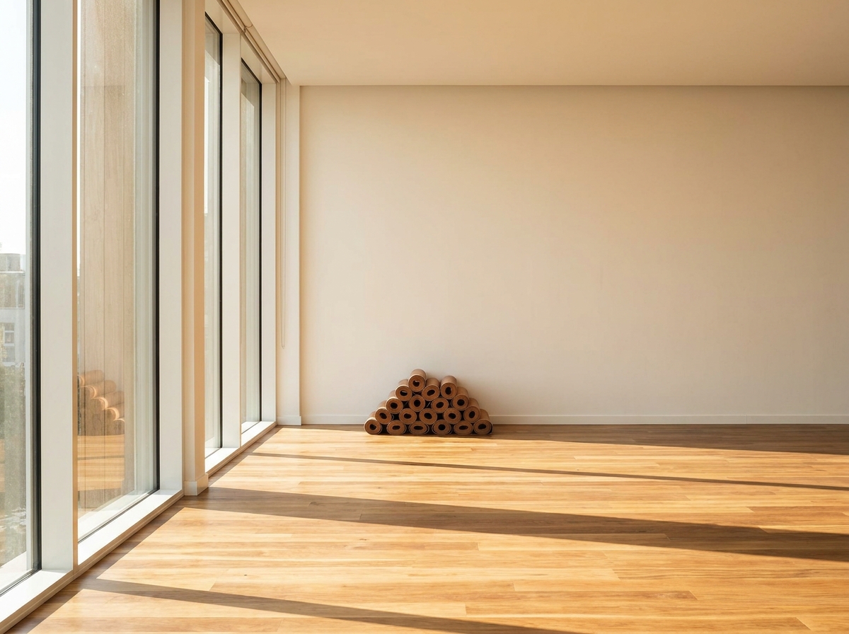 An empty yoga studio, ready for the next session of a recurring wellness event series.