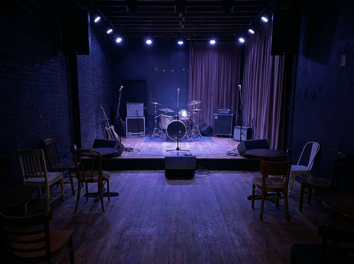 A stage at a small music venue, set up for a recurring concert series.