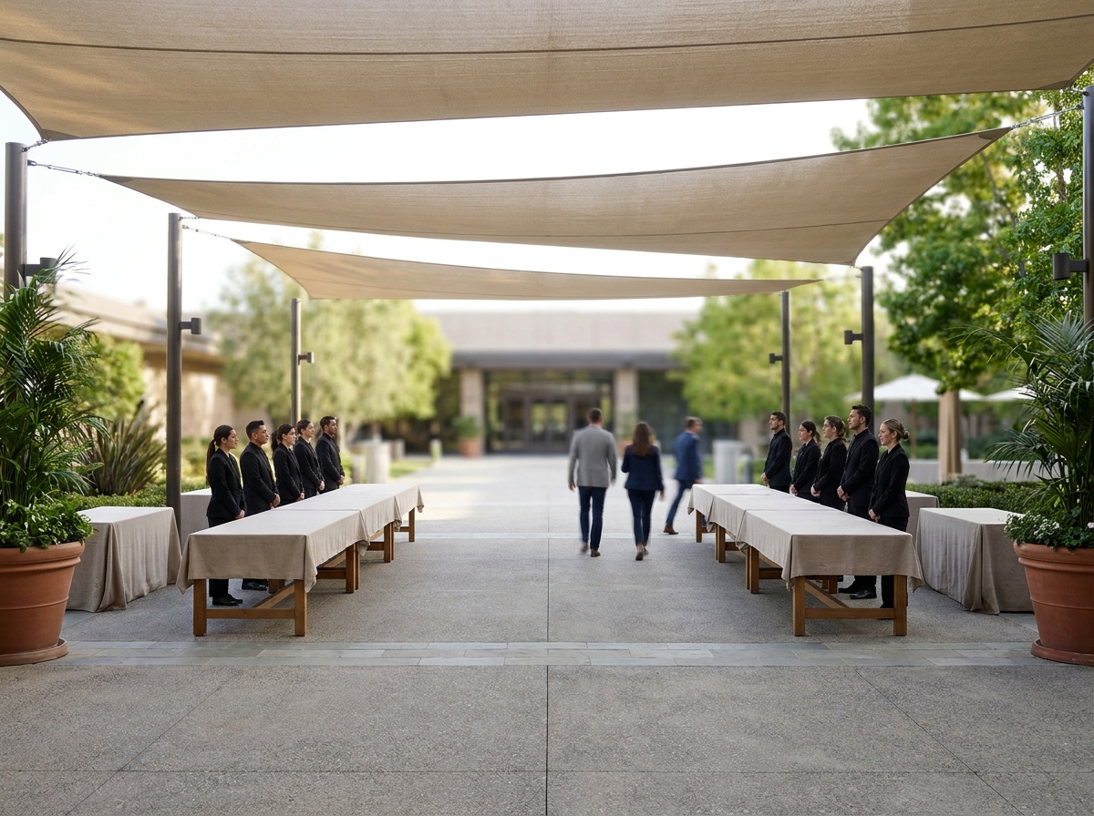 An efficient event check-in area ready for attendee arrivals.