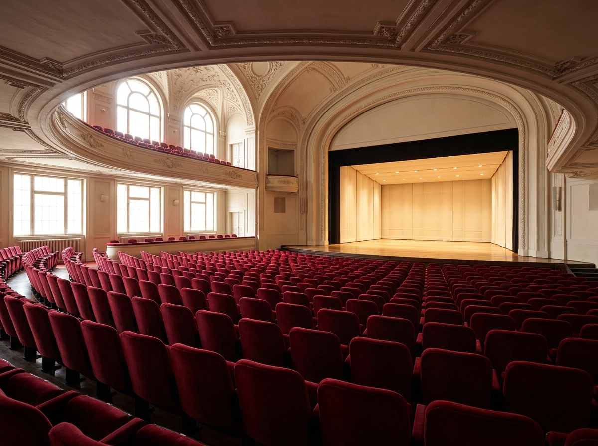 An empty auditorium with tiered seating, representing flexible ticketing options.