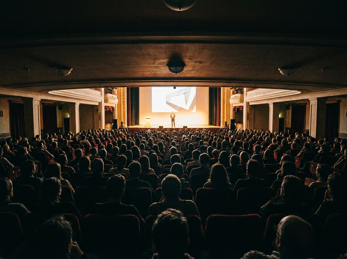 Attendees watching a presentation in a large auditorium, managed with event registration software.