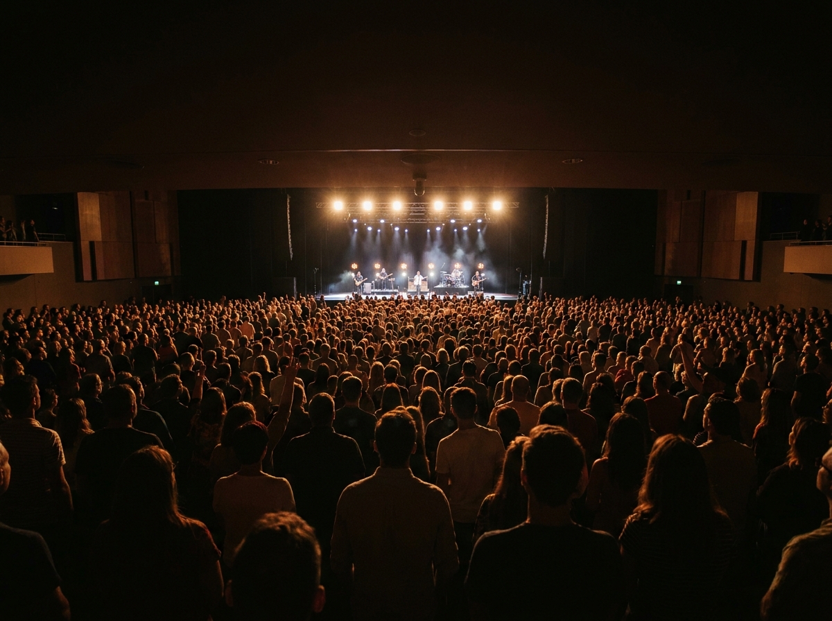 An audience watches a performance in a large venue with reserved seating.