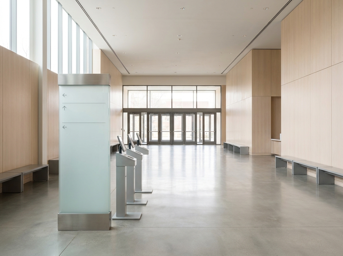 The organized and empty lobby of a modern theatre, ready for attendee check-in.