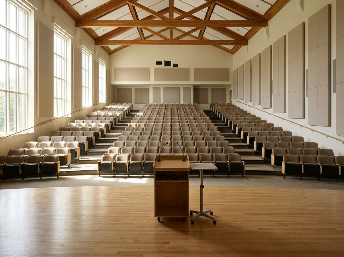 An empty auditorium with organized rows of seats, viewed from the stage.