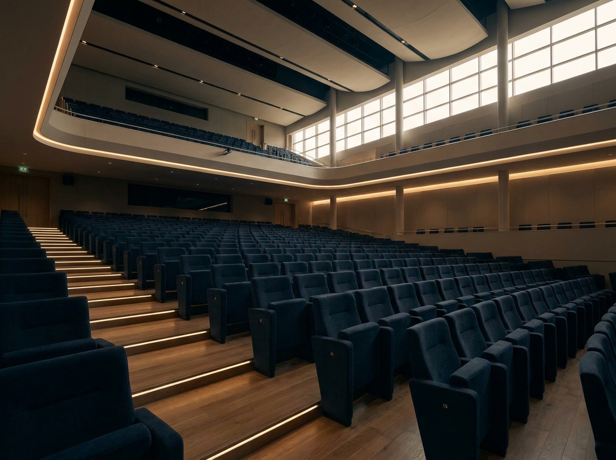 Rows of empty seats in a modern venue, illustrating a professional theatre seating setup.