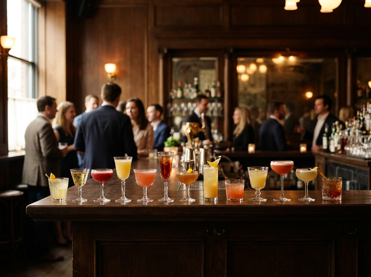 A lineup of craft cocktails on a bar, ready for a restaurant event.