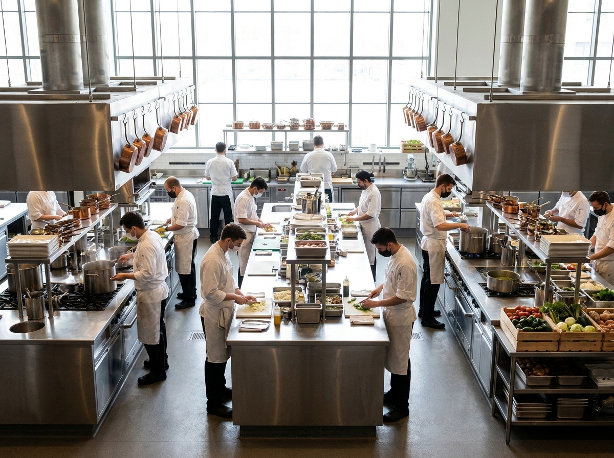 Chefs preparing food in a professional kitchen before a dining event.