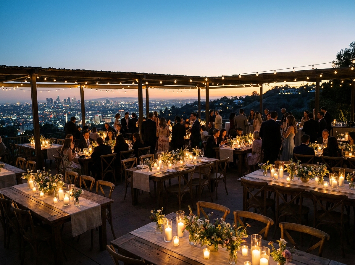 An outdoor restaurant patio set for a special evening dining event.