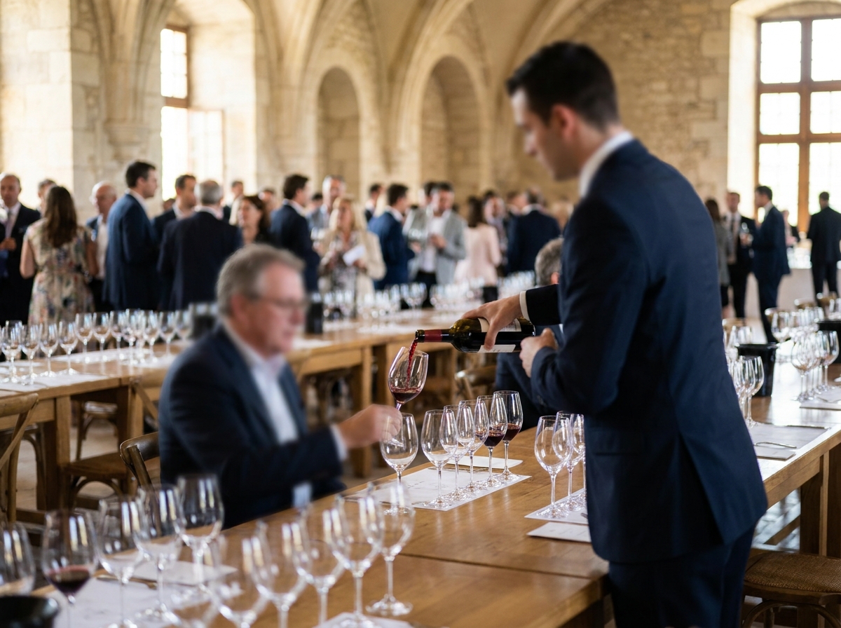 A sommelier pouring wine at a restaurant tasting event.