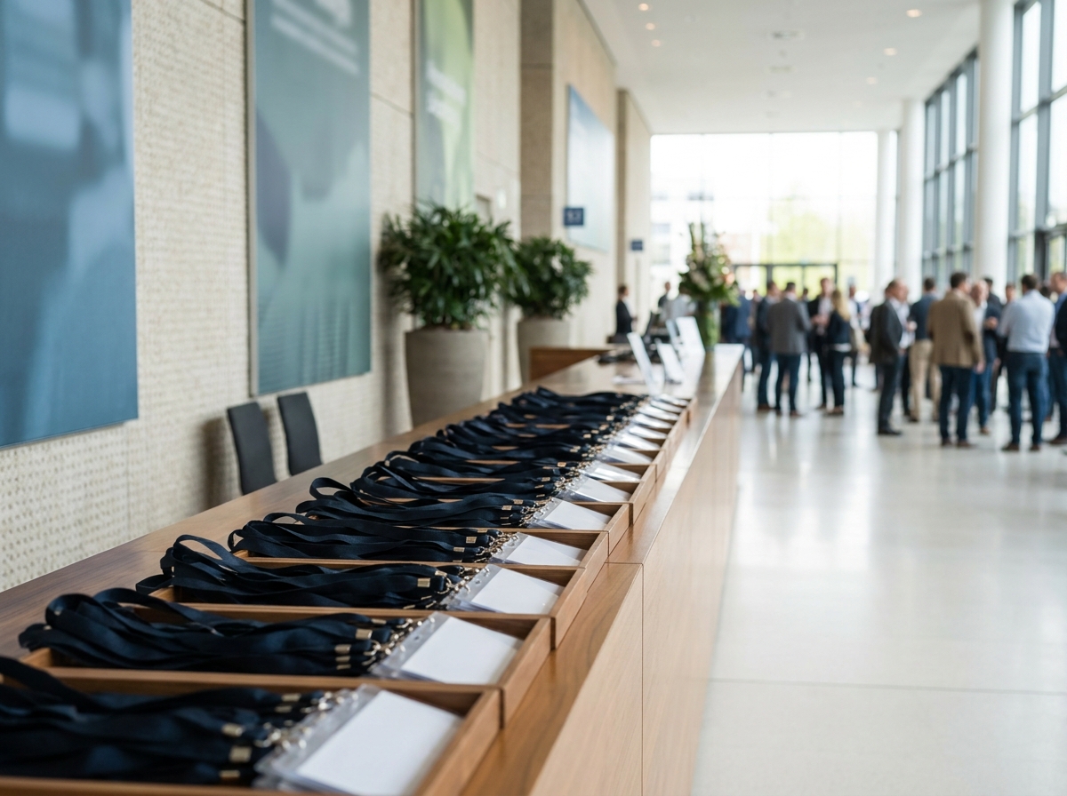 An efficient and organized registration area for a professional brand event.