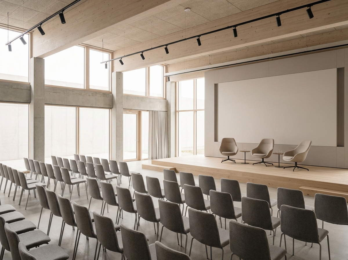 A professionally arranged room with rows of chairs prepared for a brand presentation.
