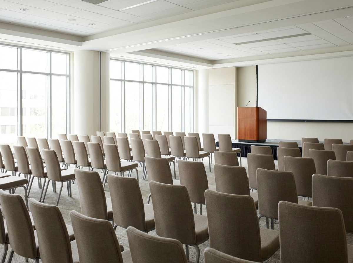 An empty conference room ready for an RSVP event, showcasing Eventbrite's event management tools.