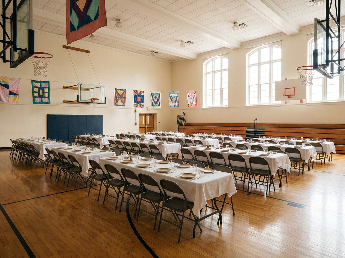 A school gymnasium set up with tables and chairs for a fundraiser.