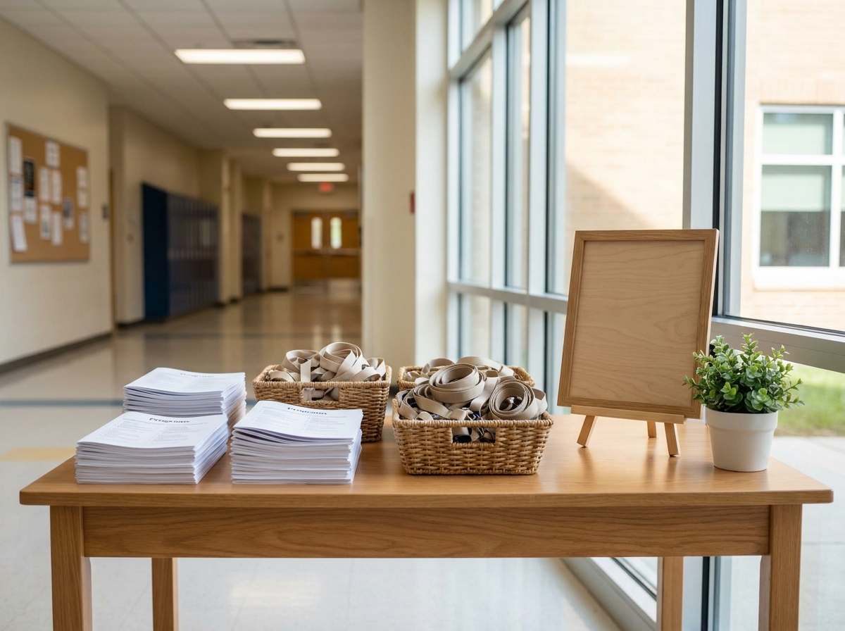 An organized registration desk set up in a school hallway for an event.